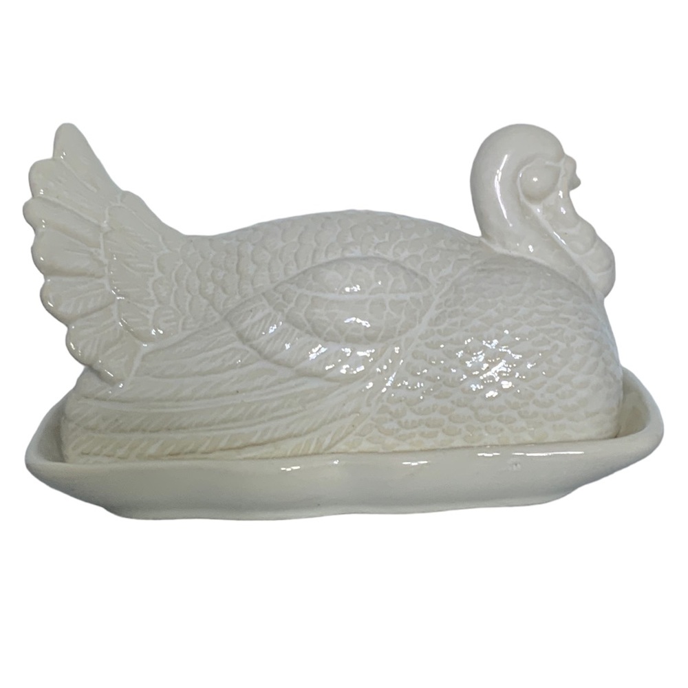 Harvest Covered Butter Dish Thanksgiving Turkey Large With Lid Ceramic NEW White - Picture 5 of 15
